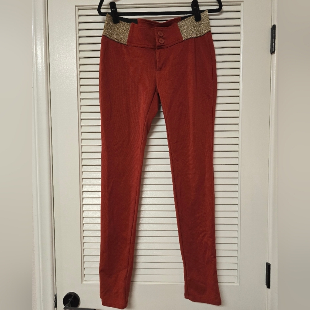 Love Sweet - Orange Stretchy Skinny Legging Pants With Gold Waist Detail